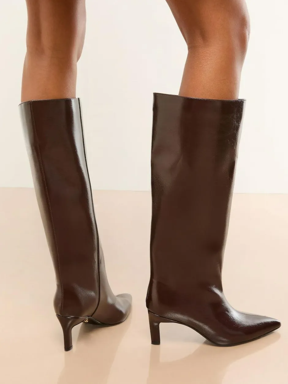 Lipsy Standard fit Faux Leather Knee High Low Kitten Heel Boots Burgundy Red New