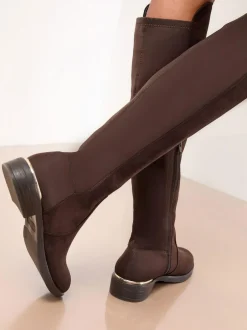 Lipsy Standard fit Faux Suede Elasticated Flat Knee High Casual Boots Chocolate Brown Sale
