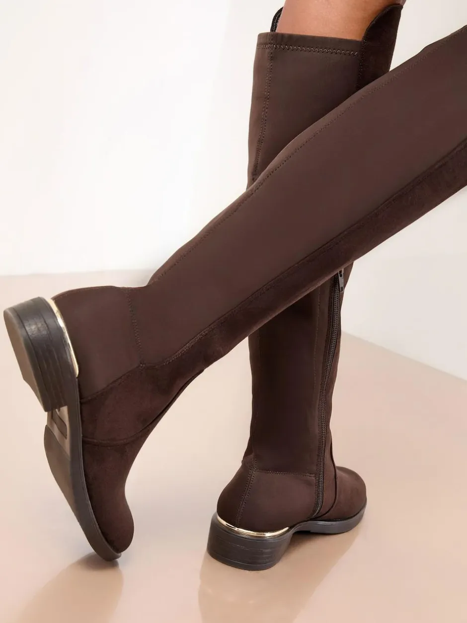Lipsy Standard fit Faux Suede Elasticated Flat Knee High Casual Boots Chocolate Brown Sale