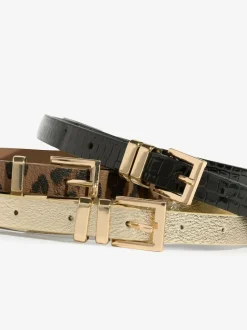 Lipsy Gold, Leopard & Black Skinny Belts 3 Pack Gold, Leopard & Black