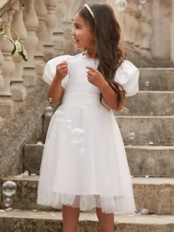 Lipsy Ivory Flower Girl Puff Sleeve Occasion Dress (2-13yrs) Outlet