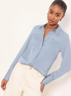Lipsy Long Sleeve Satin Chiffon Mix Shirt Light Blue Best