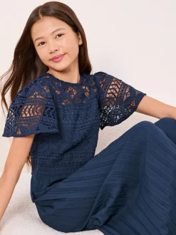 Lipsy Flutter Sleeve Lace Occasion Jumpsuit (5-16yrs) Navy Blue Online