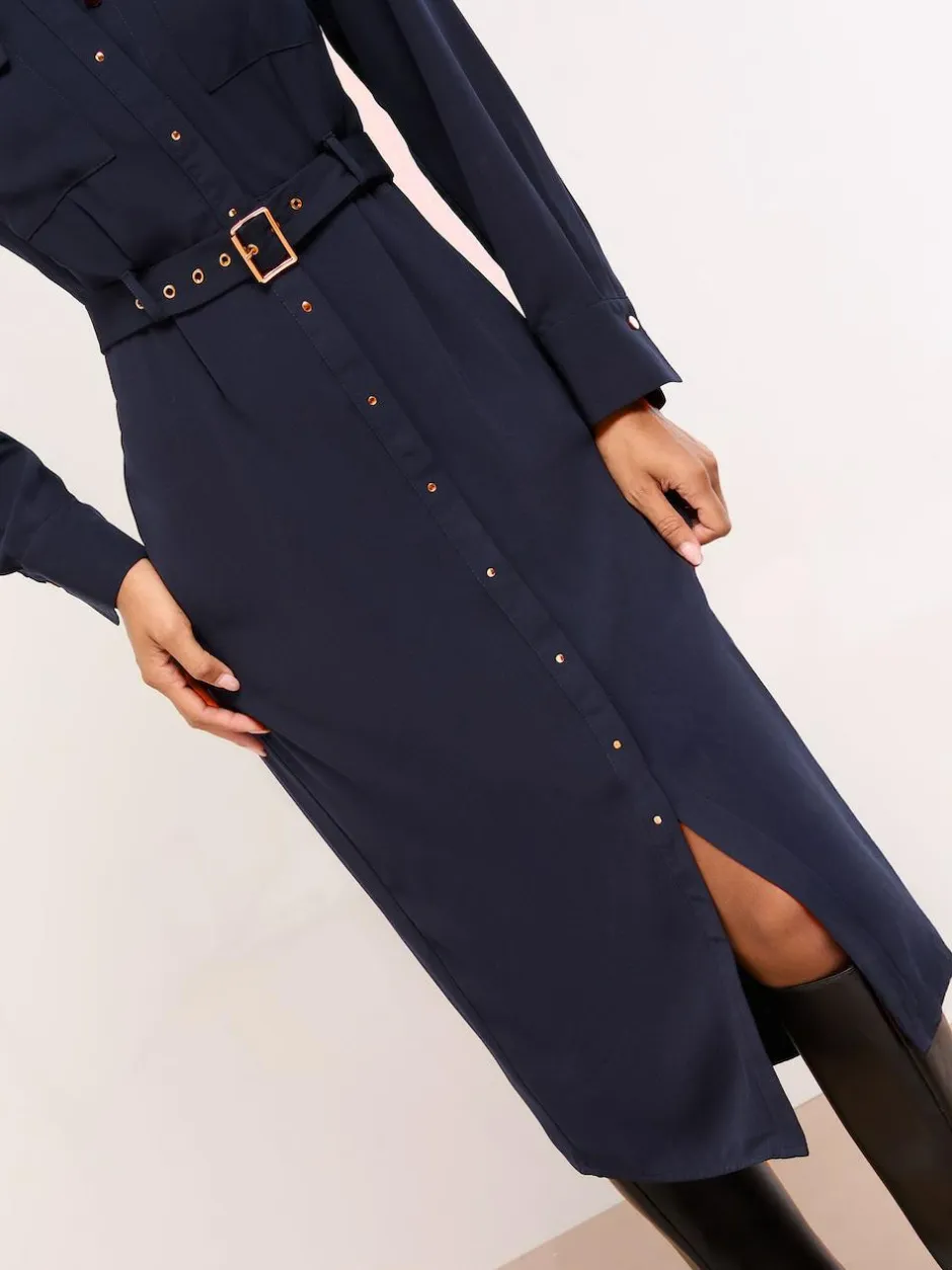 Lipsy Grandad Collar Belted Midi Button Through Shirt Dress Navy Blue Sale