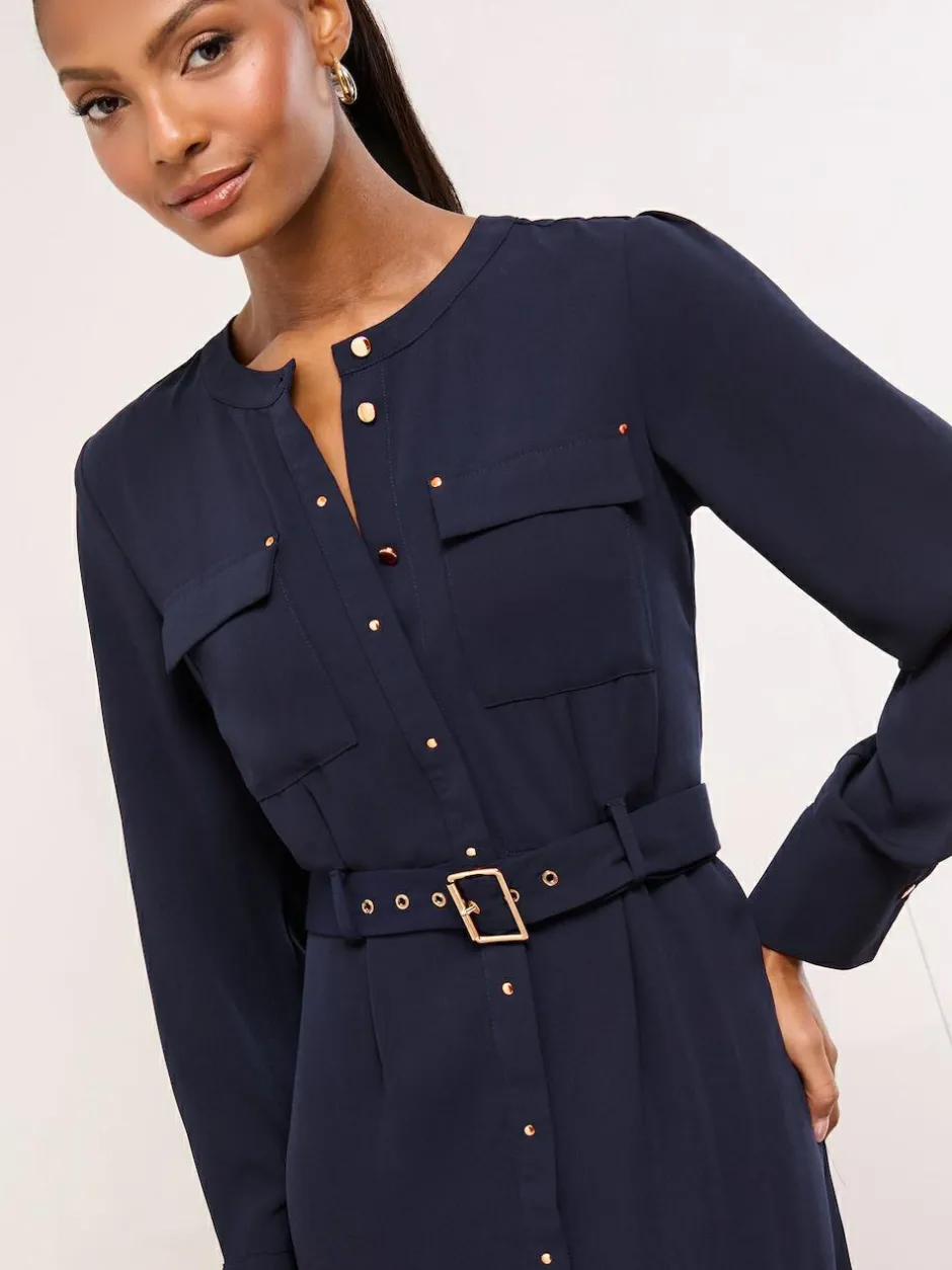 Lipsy Grandad Collar Belted Midi Button Through Shirt Dress Navy Blue Sale