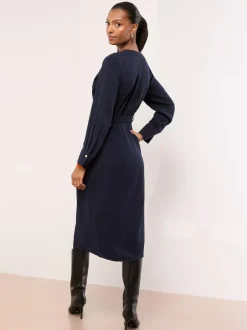 Lipsy Grandad Collar Belted Midi Button Through Shirt Dress Navy Blue Sale