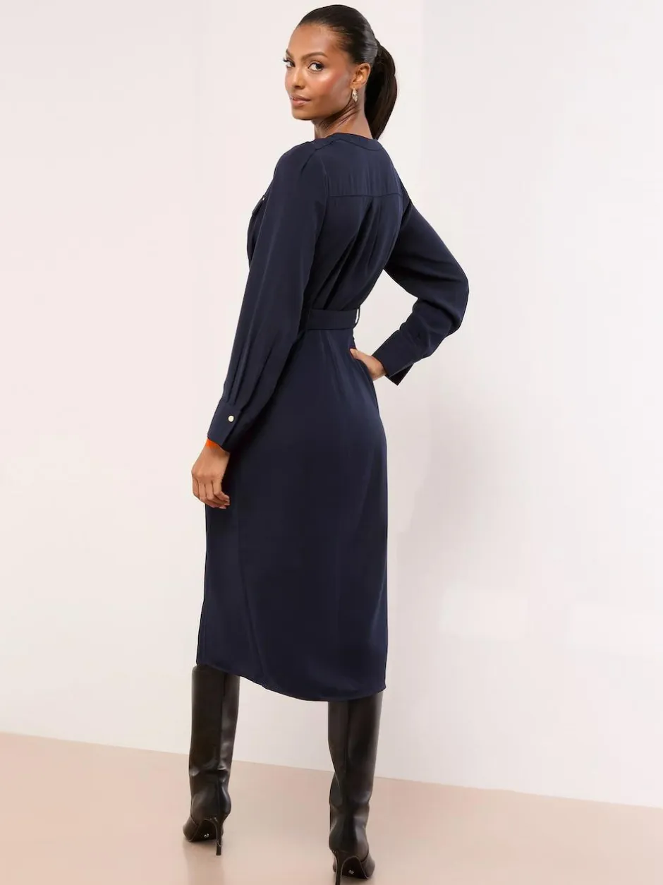 Lipsy Grandad Collar Belted Midi Button Through Shirt Dress Navy Blue Sale