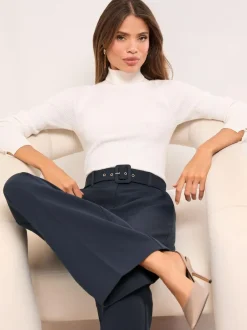 Lipsy Navy Blue Petite Belted Tailored Wide Leg Trousers Outlet
