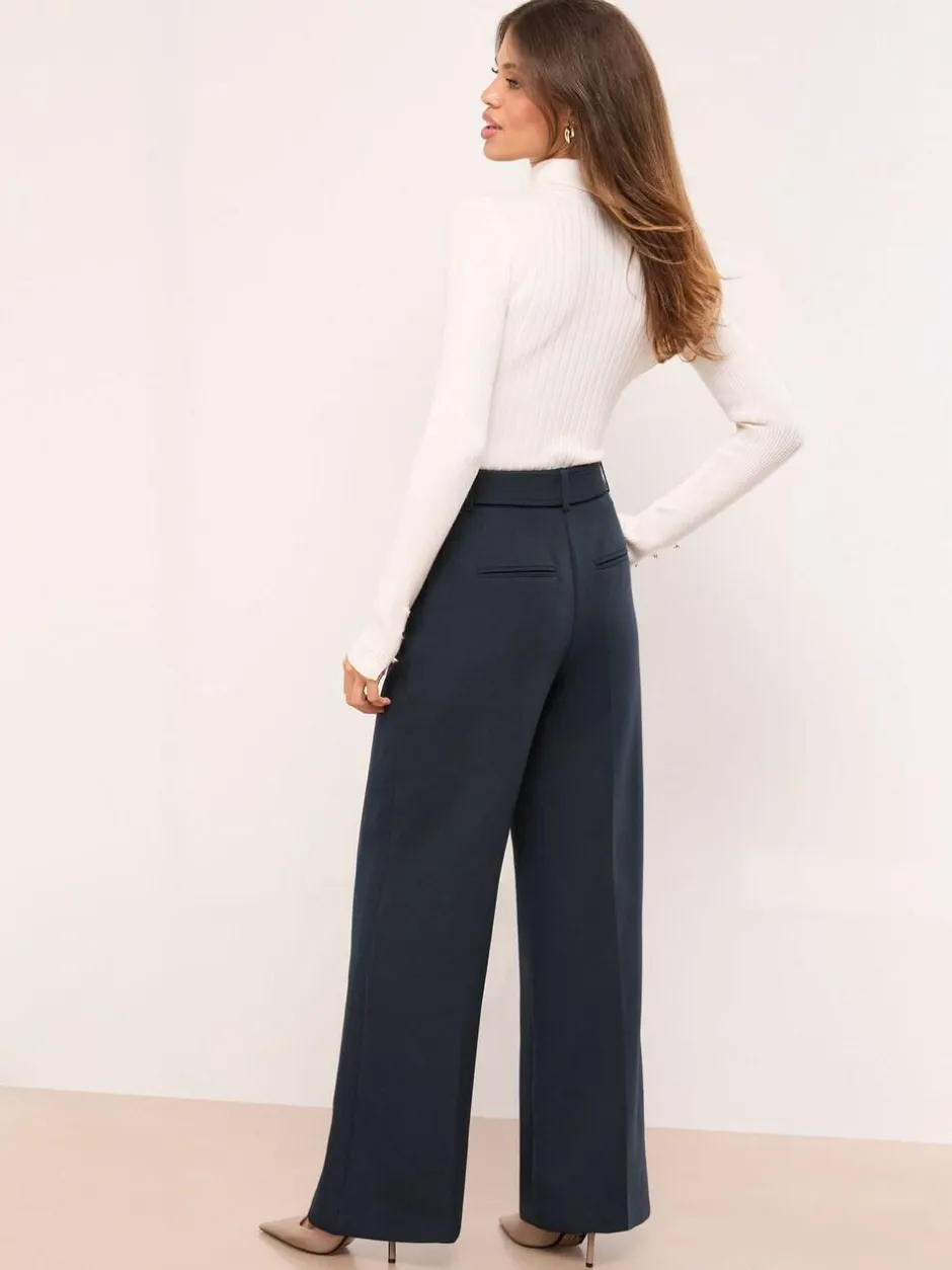 Lipsy Navy Blue Petite Belted Tailored Wide Leg Trousers Outlet