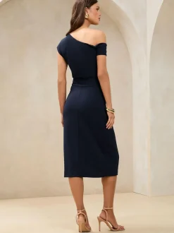 Lipsy Petite Off The Shoulder Gathered Waist Midi Dress Navy Hot