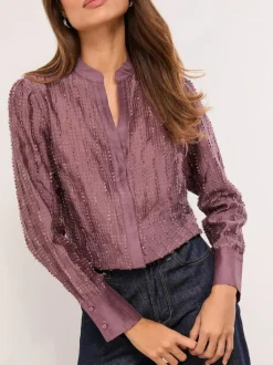 Lipsy Purple Button Down Burnout Detail Shirt Hot