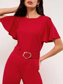 Lipsy Petite Short Sleeve Hardware Jumpsuit Red
