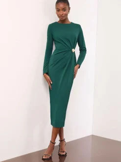 Lipsy Teal Blue Petite Long Sleeve Hardware Detail Bodycon Midi Dress Sale