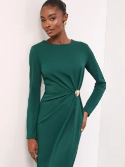 Lipsy Teal Blue Petite Long Sleeve Hardware Detail Bodycon Midi Dress Sale