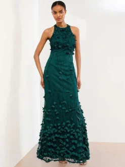 Lipsy Teal Blue Premium Floral 3D Textured Halter Maxi Dress Best