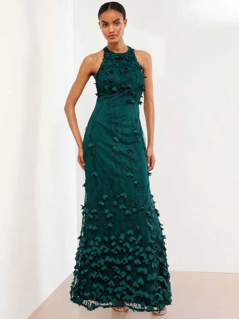 Lipsy Teal Blue Premium Floral 3D Textured Halter Maxi Dress Best