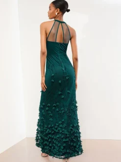 Lipsy Teal Blue Premium Floral 3D Textured Halter Maxi Dress Best