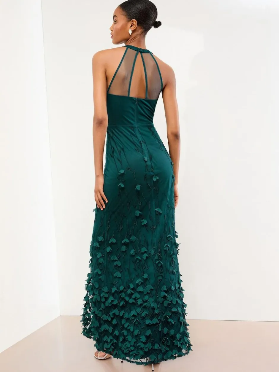 Lipsy Teal Blue Premium Floral 3D Textured Halter Maxi Dress Best