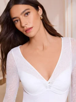 Lipsy Lace Long Sleeve Padded Thong Bodysuit White Discount