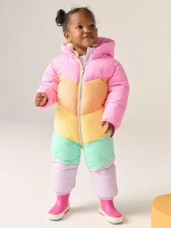 Little Bird by Jools Oliver Pink Pastel Rainbow Colourblock Shower Resistant Snowsuit Discount