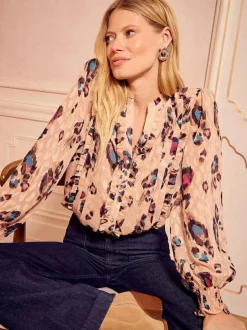 Love & Roses Beige Animal Notch Neck Long Sleeve Blouse Clearance