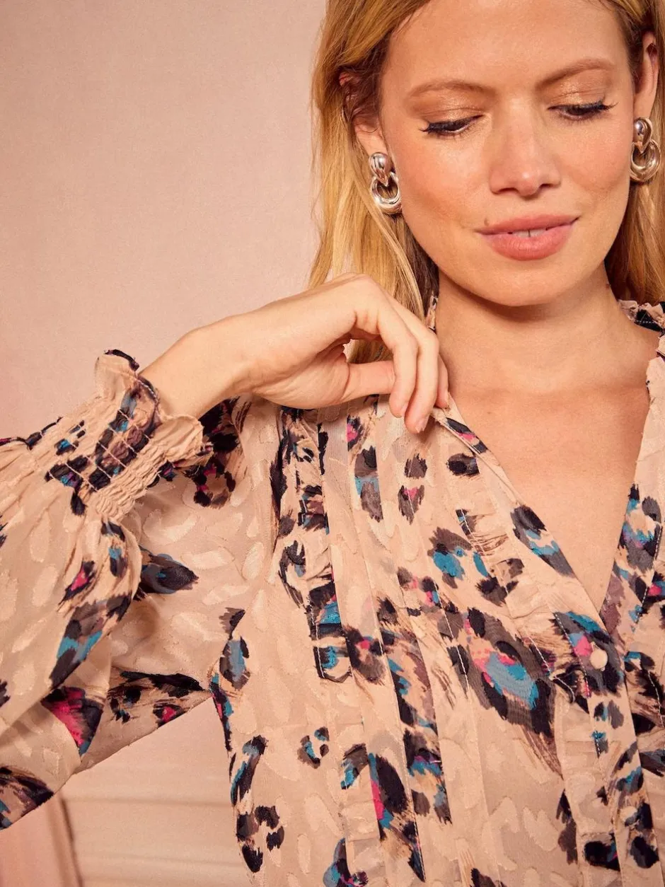 Love & Roses Beige Animal Notch Neck Long Sleeve Blouse Clearance