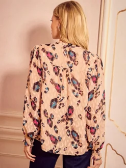 Love & Roses Beige Animal Notch Neck Long Sleeve Blouse Clearance