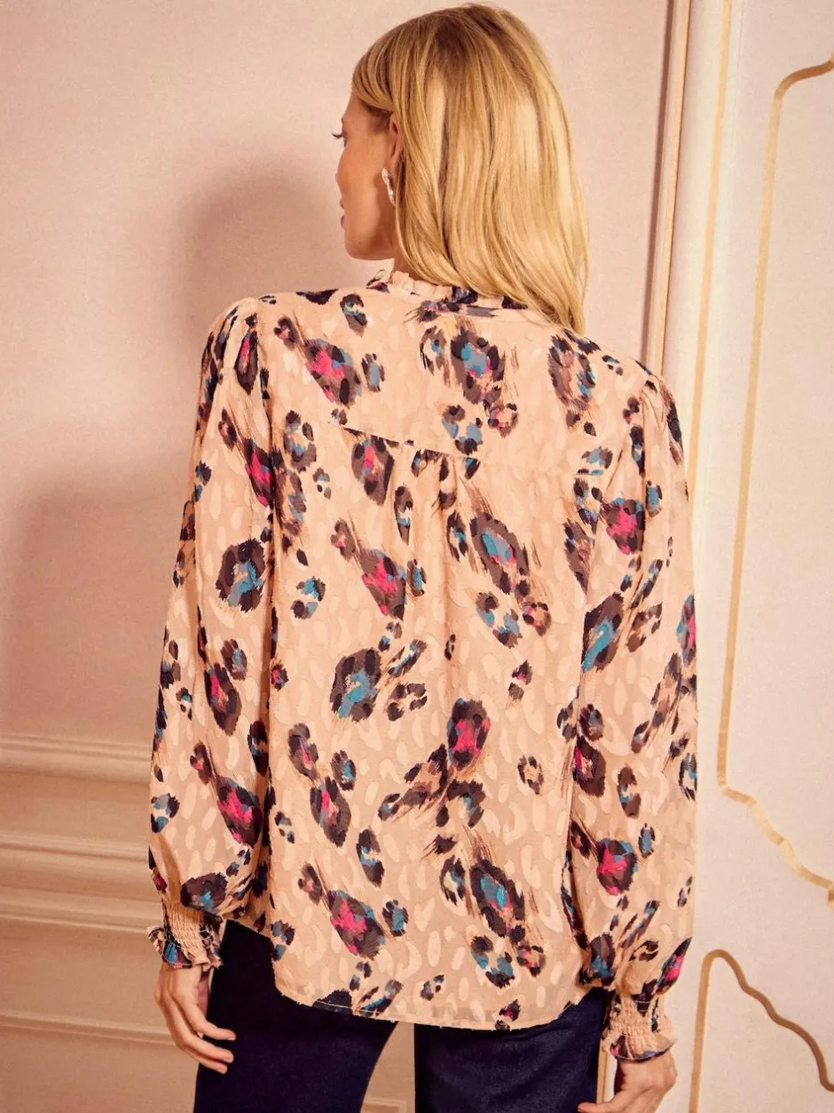 Love & Roses Beige Animal Notch Neck Long Sleeve Blouse Clearance