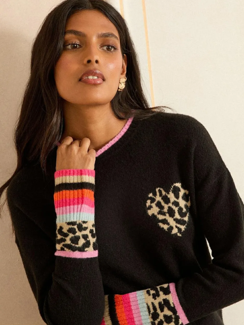 Love & Roses Petite Crew Neck Cosy Jumper Black Animal Print Heart Online