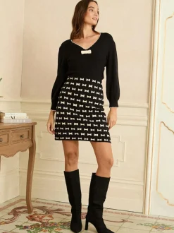 Love & Roses Black Bow Print V-Neck Knitted Mini Dress New