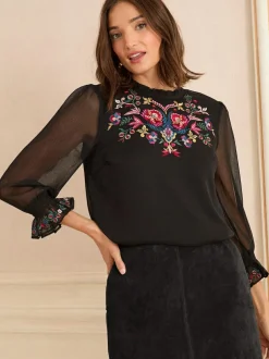 Love & Roses Embellished 3/4 Flute Sleeve Blouse Black Best