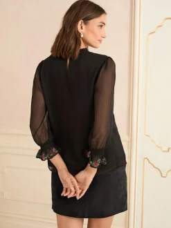 Love & Roses Embellished 3/4 Flute Sleeve Blouse Black Best