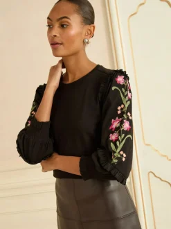 Love & Roses Black Embroidered Detail Jersey Top Outlet