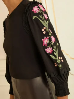 Love & Roses Black Embroidered Detail Jersey Top Outlet