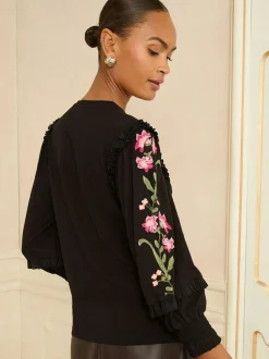 Love & Roses Black Embroidered Detail Jersey Top Outlet