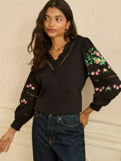 Love & Roses Black Floral Embrodiery Lace Insert V-Neck Long Sleeve Top Discount