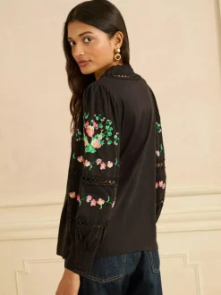 Love & Roses Black Floral Embrodiery Lace Insert V-Neck Long Sleeve Top Discount