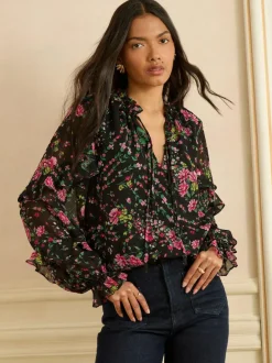 Love & Roses Black Floral Notch Neck Frill Cuff Blouse Clearance