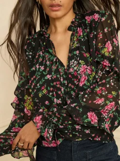 Love & Roses Black Floral Notch Neck Frill Cuff Blouse Clearance