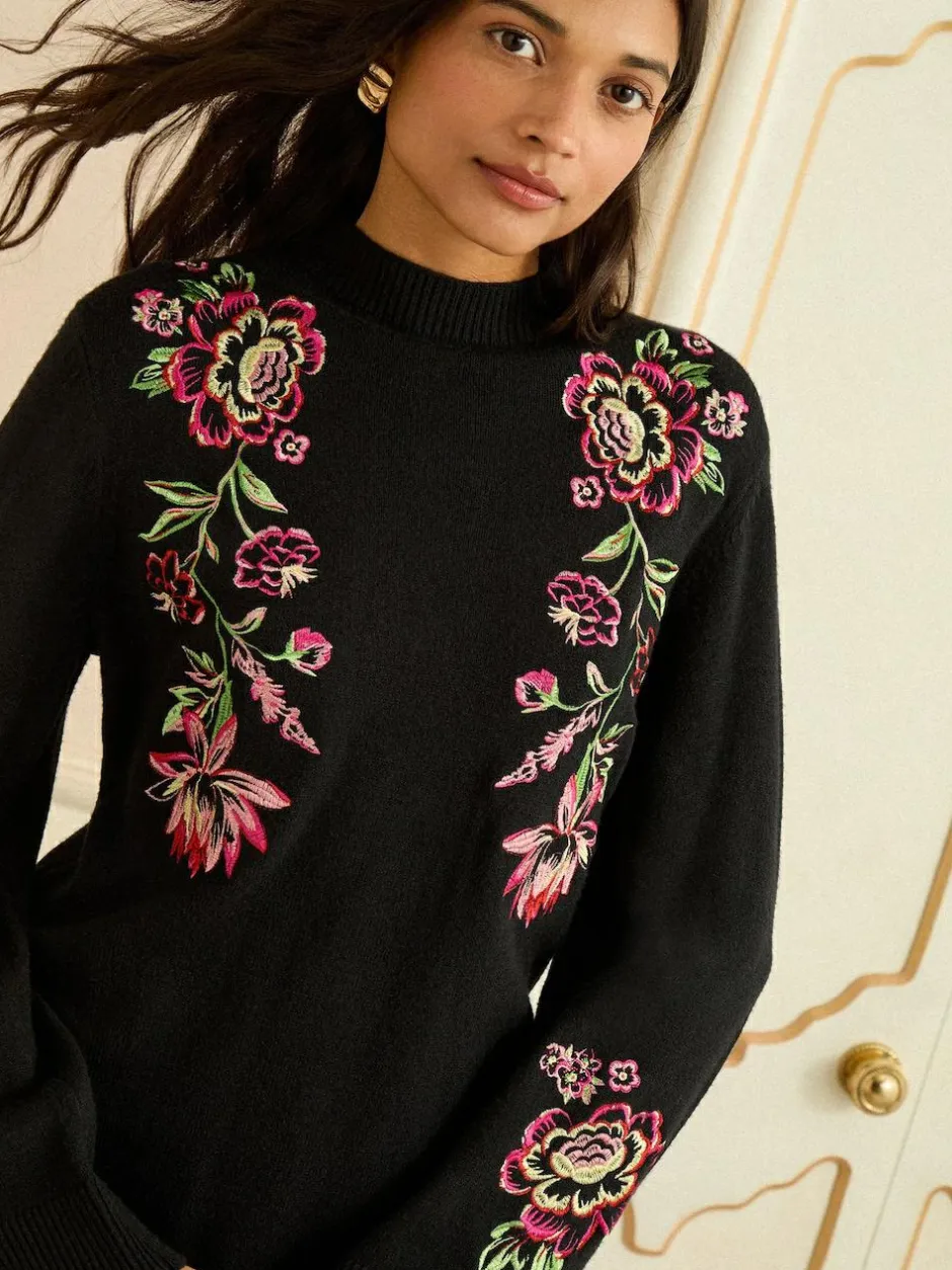 Love & Roses Black Floral Embroidery Cosy Jumper Dress New