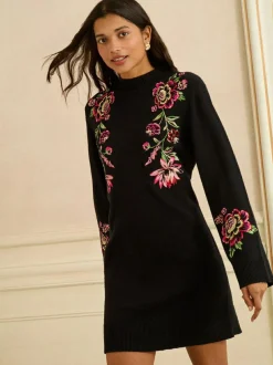 Love & Roses Black Floral Embroidery Cosy Jumper Dress New