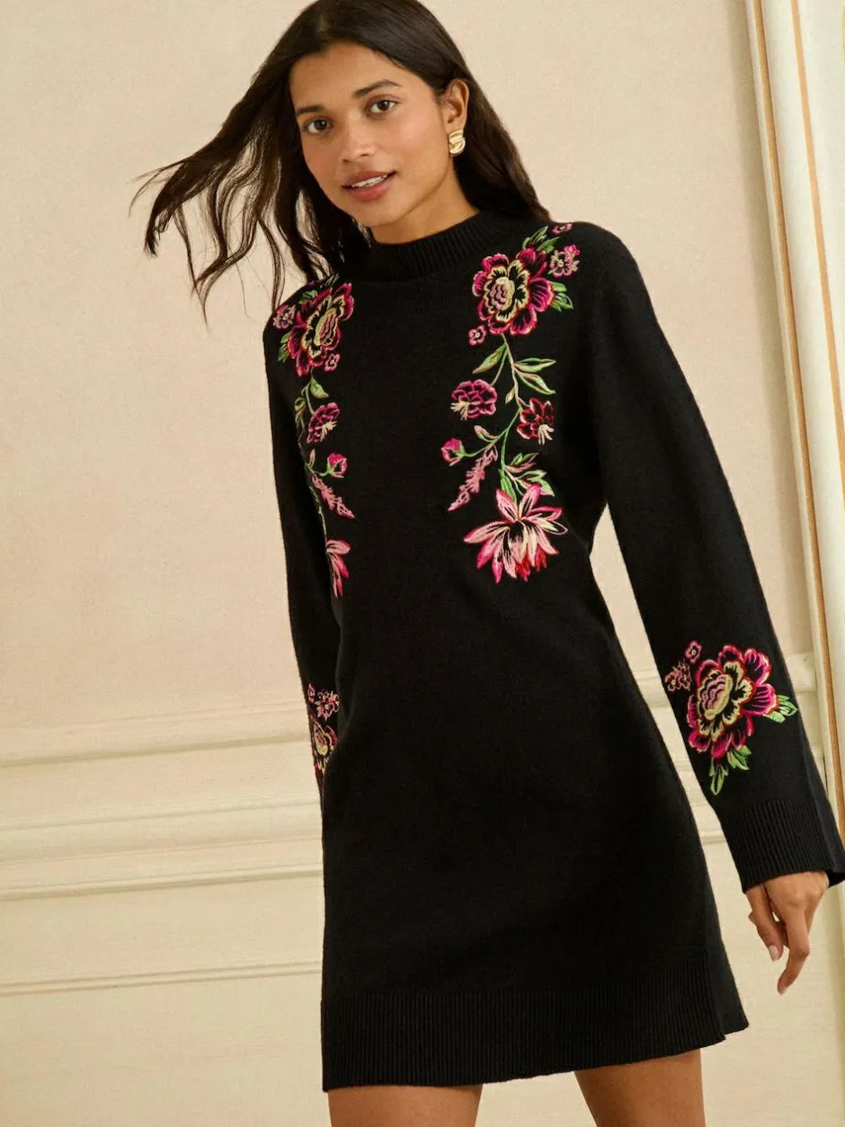 Love & Roses Black Floral Embroidery Cosy Jumper Dress New