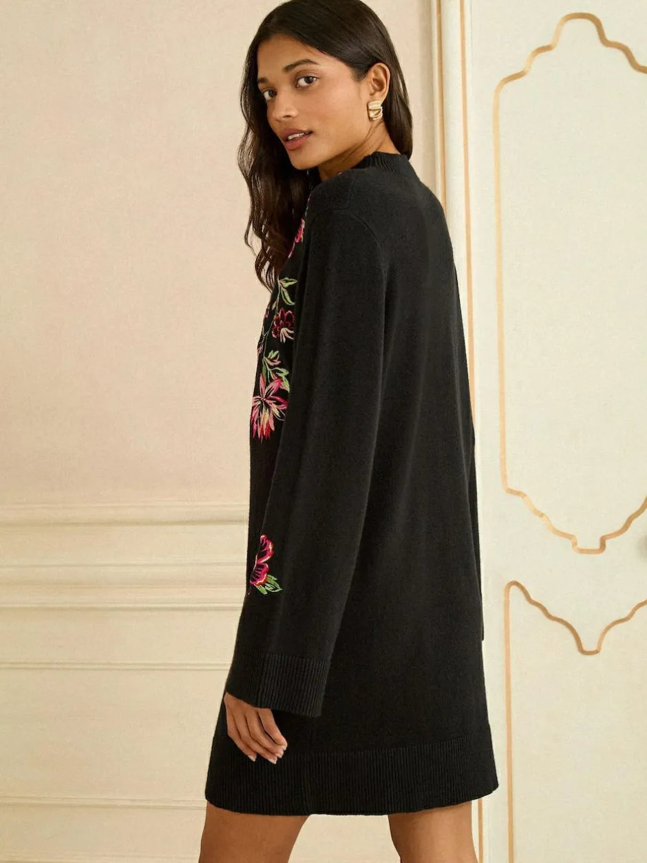Love & Roses Black Floral Embroidery Cosy Jumper Dress New
