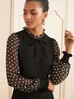 Love & Roses Frill Neck Chiffon Sleeve Knitted Mini Dress Black Floral Spot Frill Neck Sale