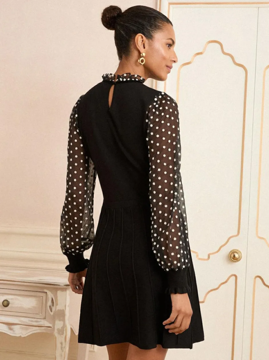 Love & Roses Frill Neck Chiffon Sleeve Knitted Mini Dress Black Floral Spot Frill Neck Sale