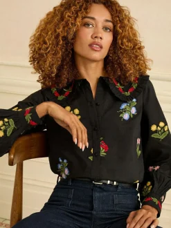 Love & Roses Black Floral Embroidered Collar Blouse Hot