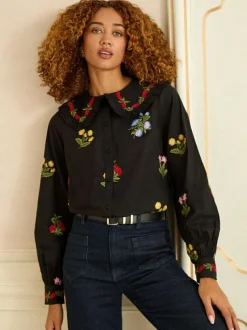 Love & Roses Black Floral Embroidered Collar Blouse Hot