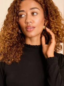 Love & Roses Black Frill Neck Long Sleeve Jersey Top