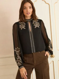 Love & Roses Black Gold Embroidery Long Sleeve High Neck Blouse Hot