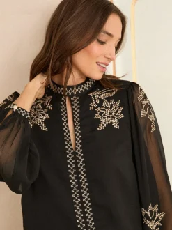 Love & Roses Black Gold Embroidery Long Sleeve High Neck Blouse Hot